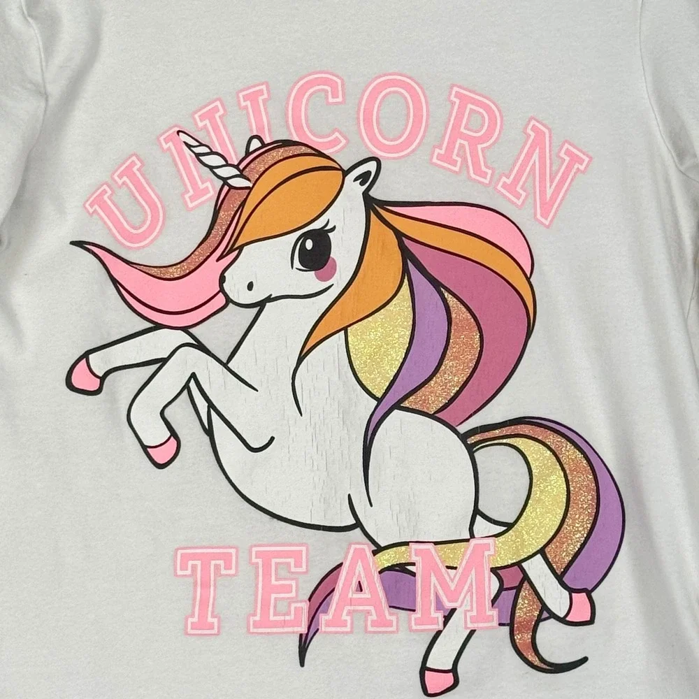 H&M Unicorn Team Graphic Tee Kids Size 6X/7 White Excellent Long Sleeve Glitter